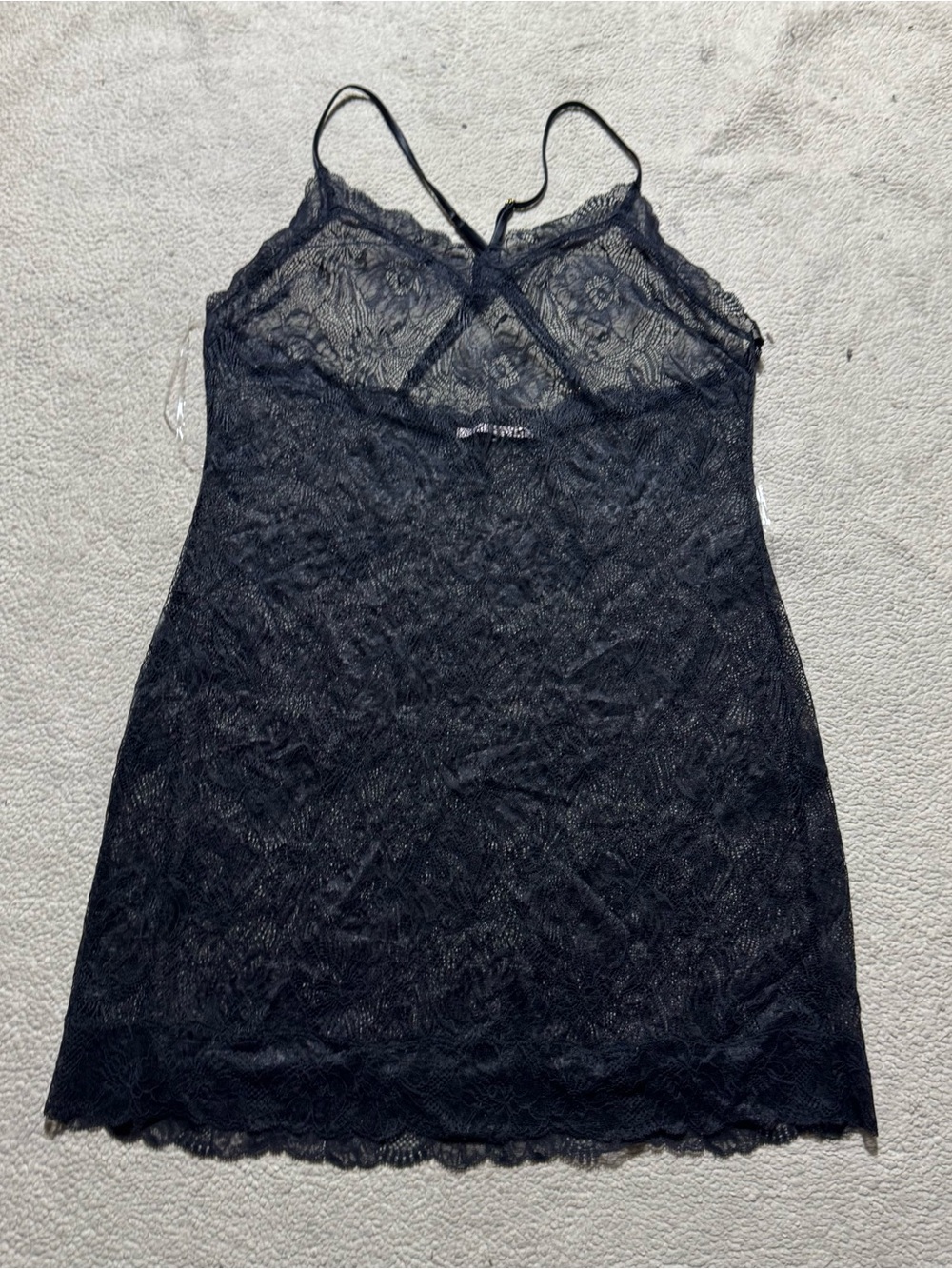 Victoria Secret Slip Dress Womens Medium Black Sheer Lace Floral Crossback Mini